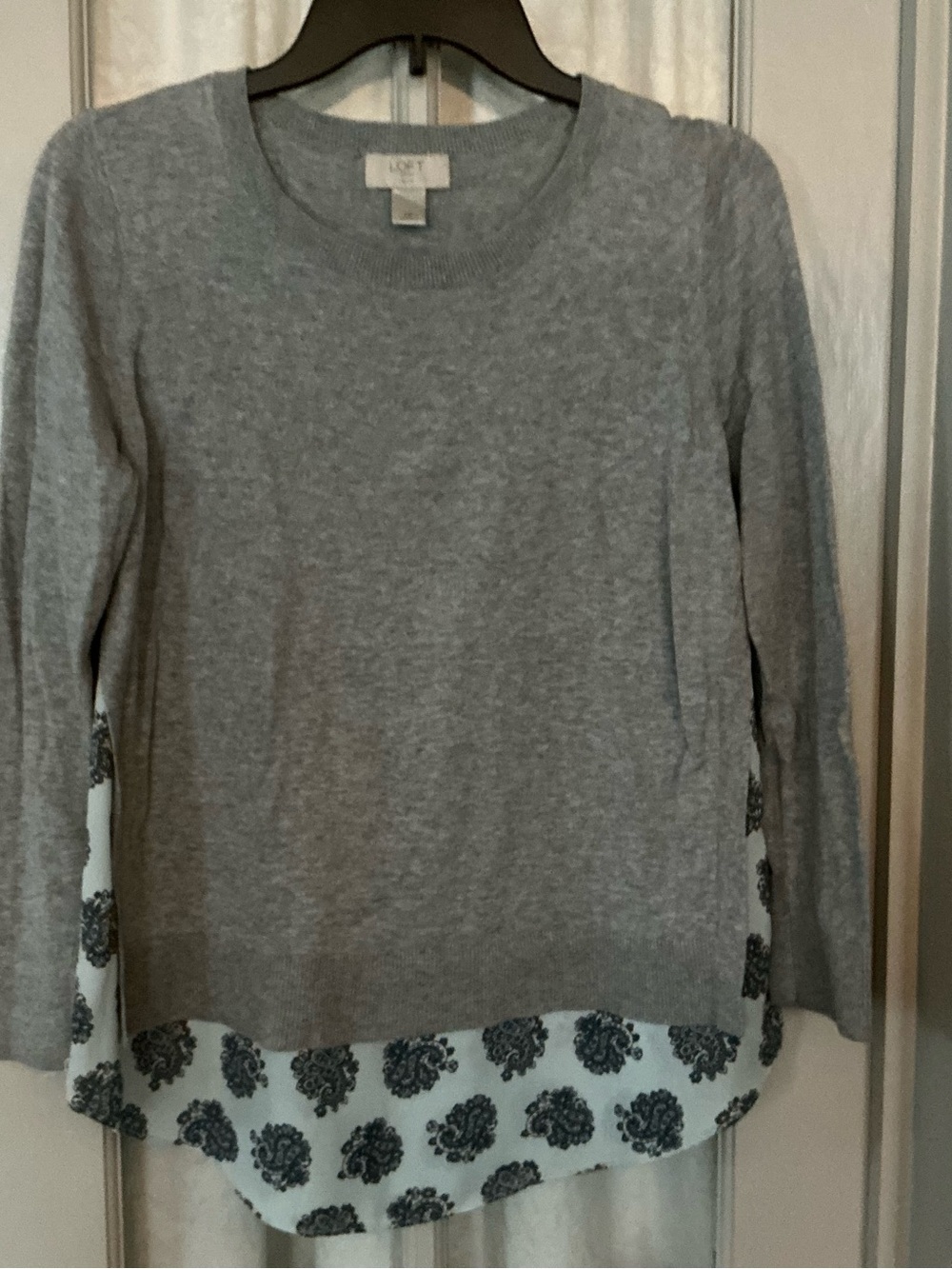 LOFT Gray Layered Crewneck Sweater with Printed Hem